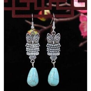 Owl Dangle Earrings Silver Tone with Turquoise Colored‎ Stone Drop